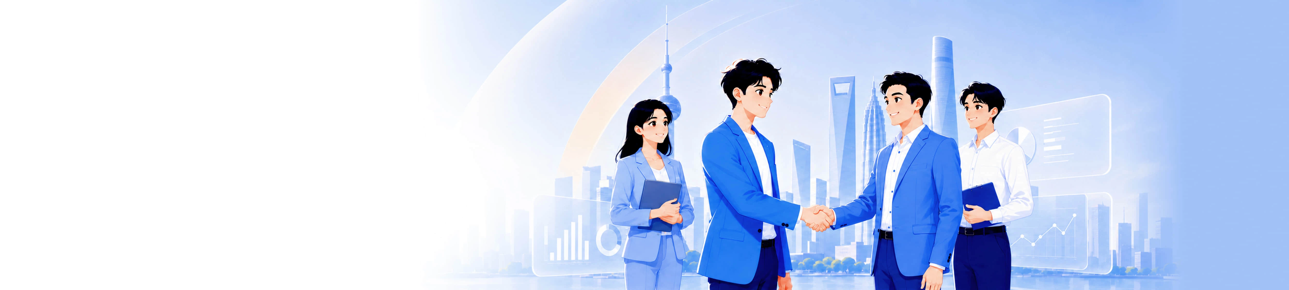 商务伙伴在上海城市天际线前握手合作，携手共赢，共创美好未来